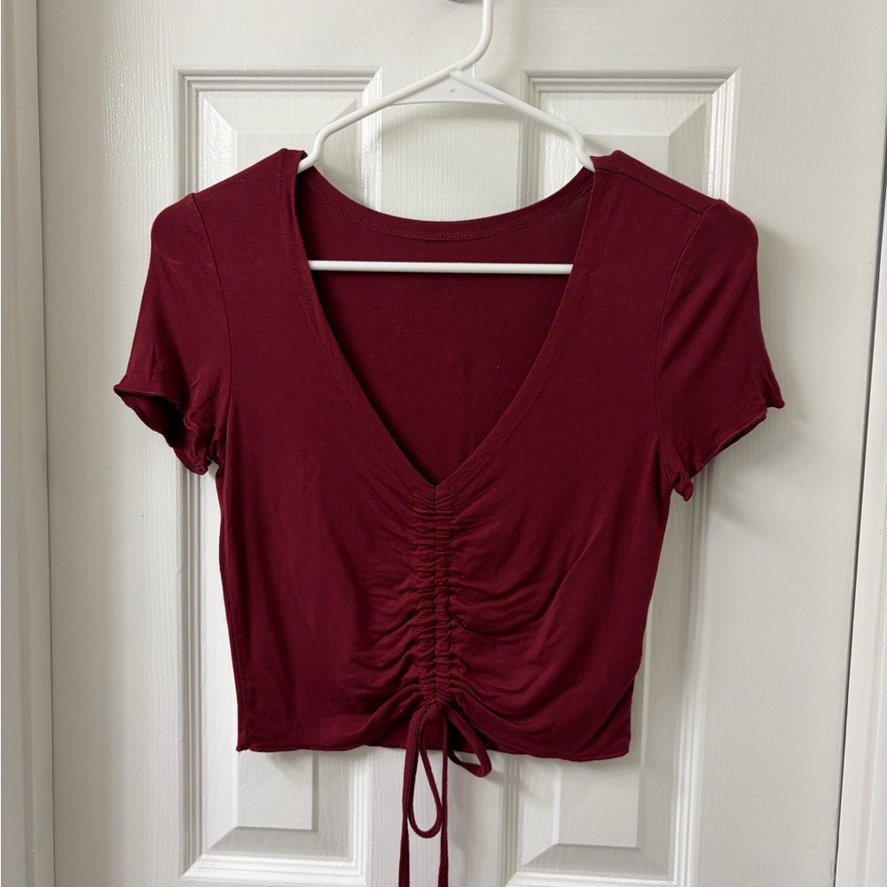 Burgundy Ruched V-Neck Crop Top